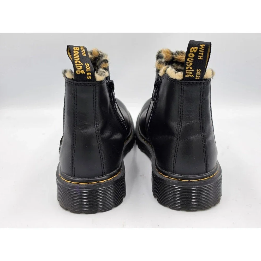 Dr Martens Kids Leonore Y Boots 2976 Black Romario Smoother Finish Leopard Sz 7